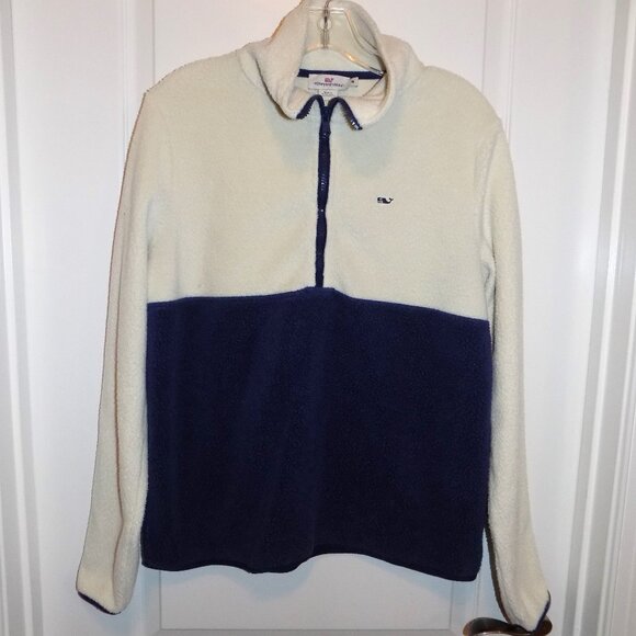 VINEYARD VINES Medium High Pile Sherpa Fleece 1/2 Zip Pullover Off-white Blue - Picture 1 of 6